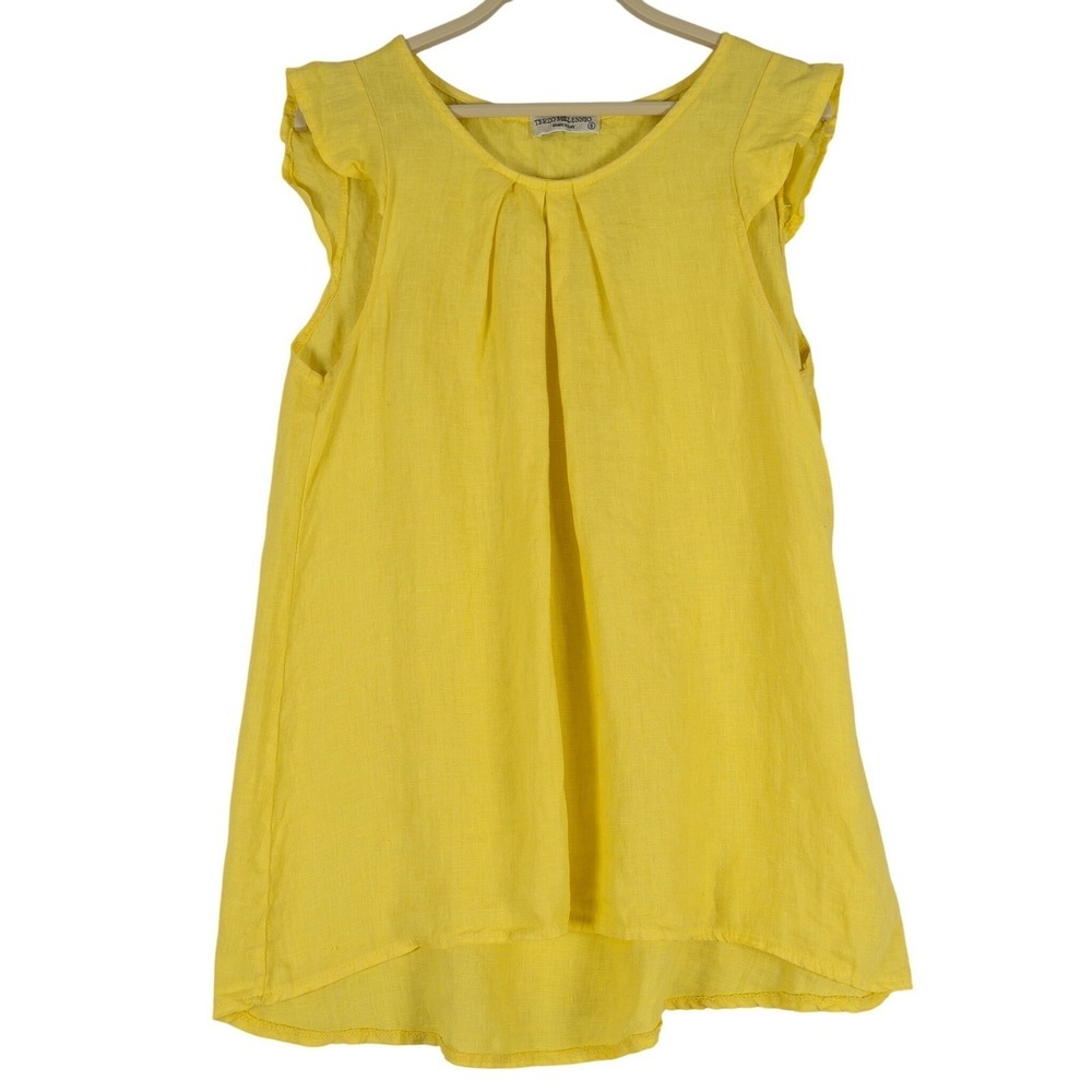 TERZO MILLENNIO Blouse Yellow Linen Cap Sleeve Top Size S Made in Italy